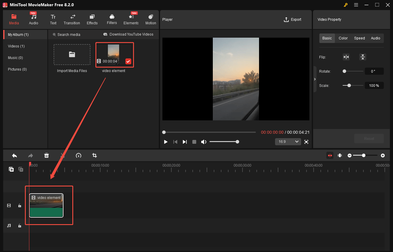 Ein Screenshot zum Hinzufügen des Videos zur Zeitleiste in MiniTool MovieMaker.