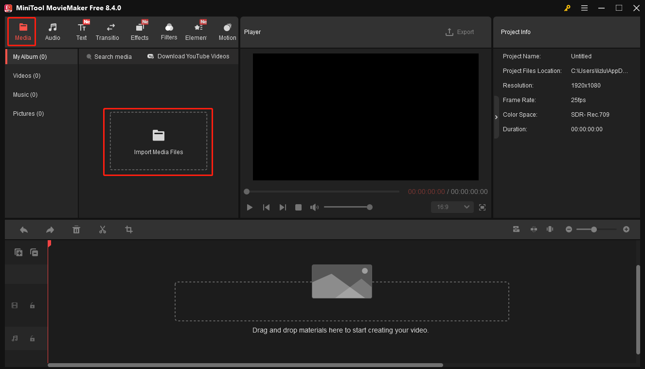 MiniTool MovieMakerでImport Media Filesボタンをクリックしている様子