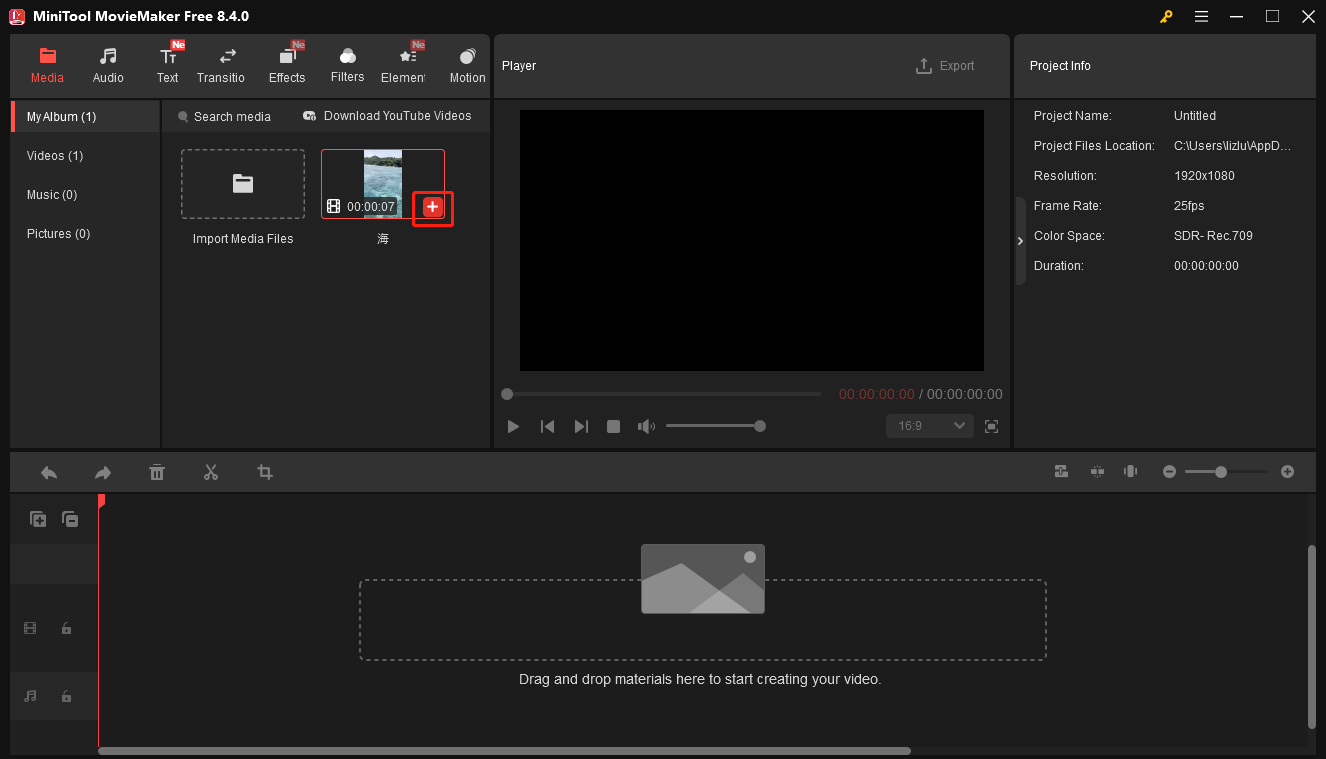 MiniTool MovieMakerでプラスアイコンをクリックしている様子