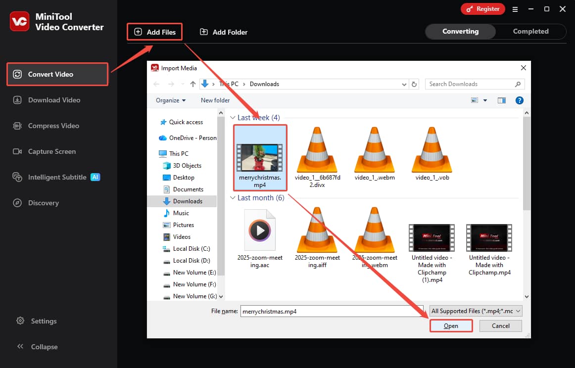 MiniTool Video Converter’s Convert Video interface showing how to import a video.