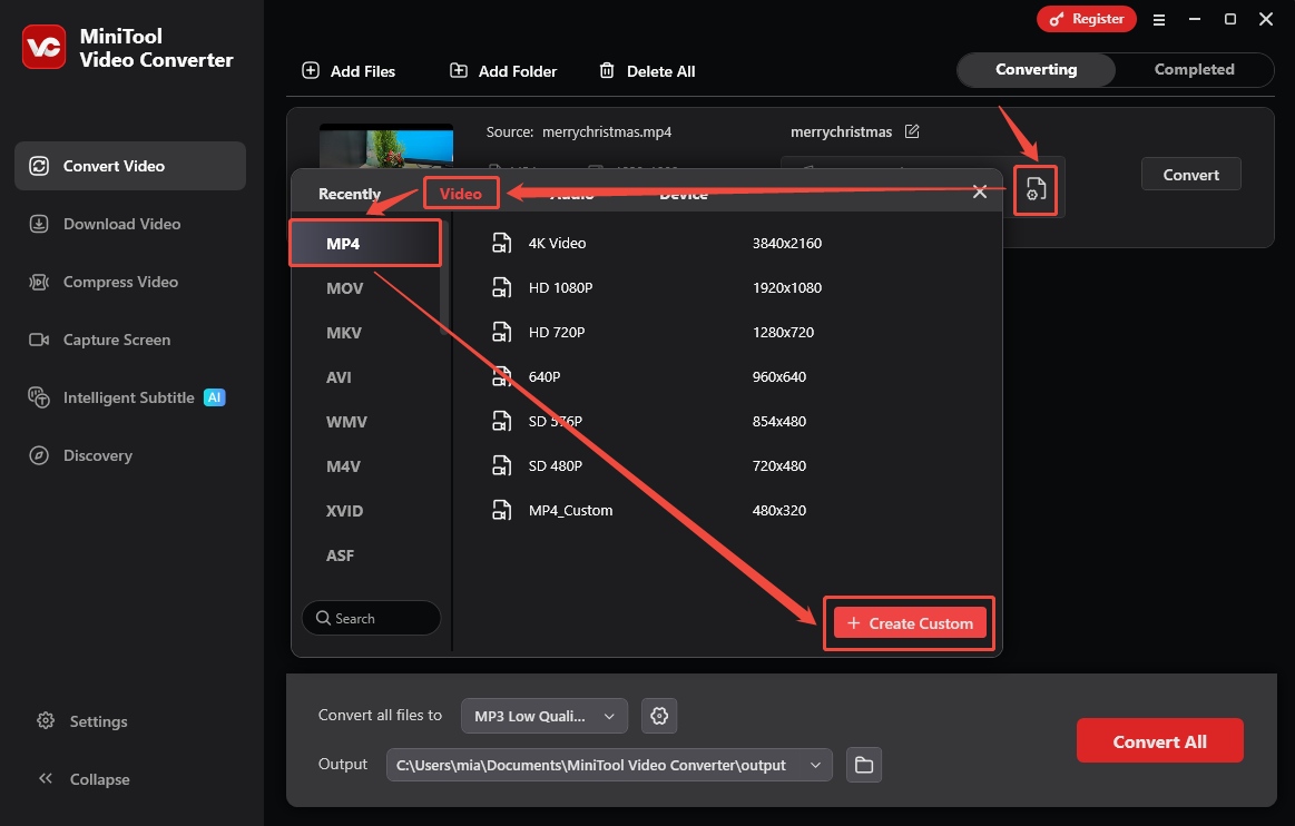 MiniTool Video Converter’s Convert Video interface shows how to choose an output format as the original and click Create Custom.