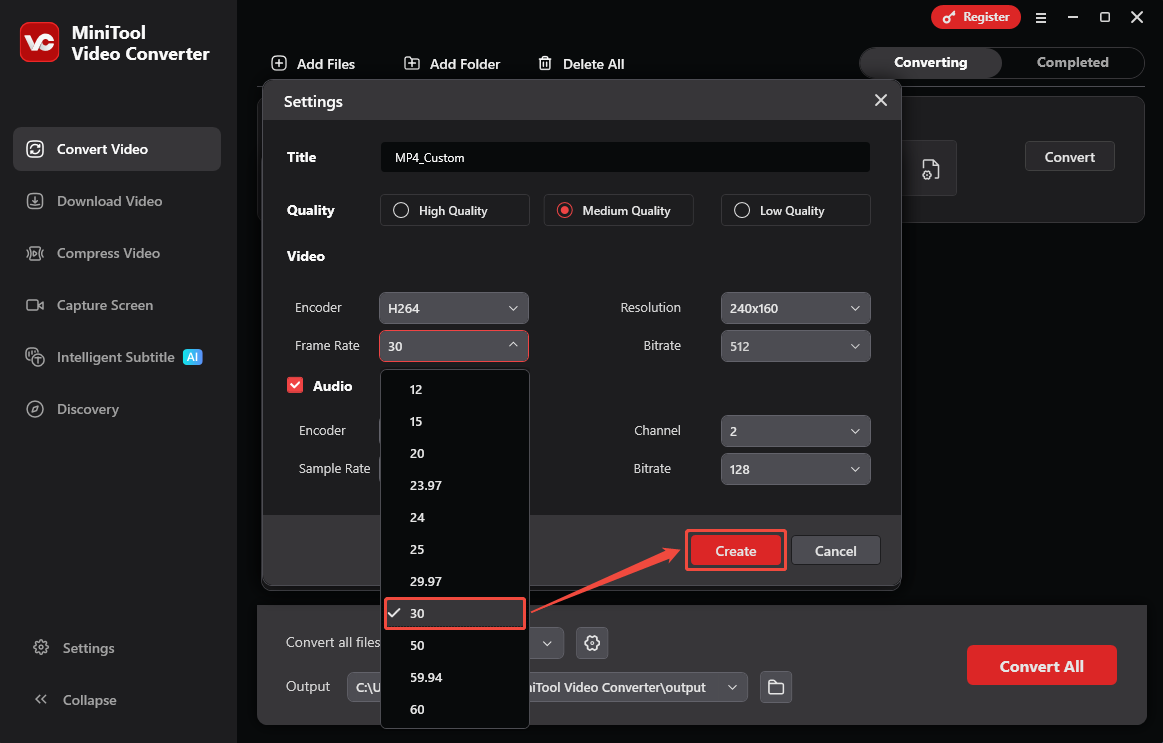 MiniTool Video Converter’s Convert Video interface with a Settings window opened and the Frame Rate dropdown expanded.