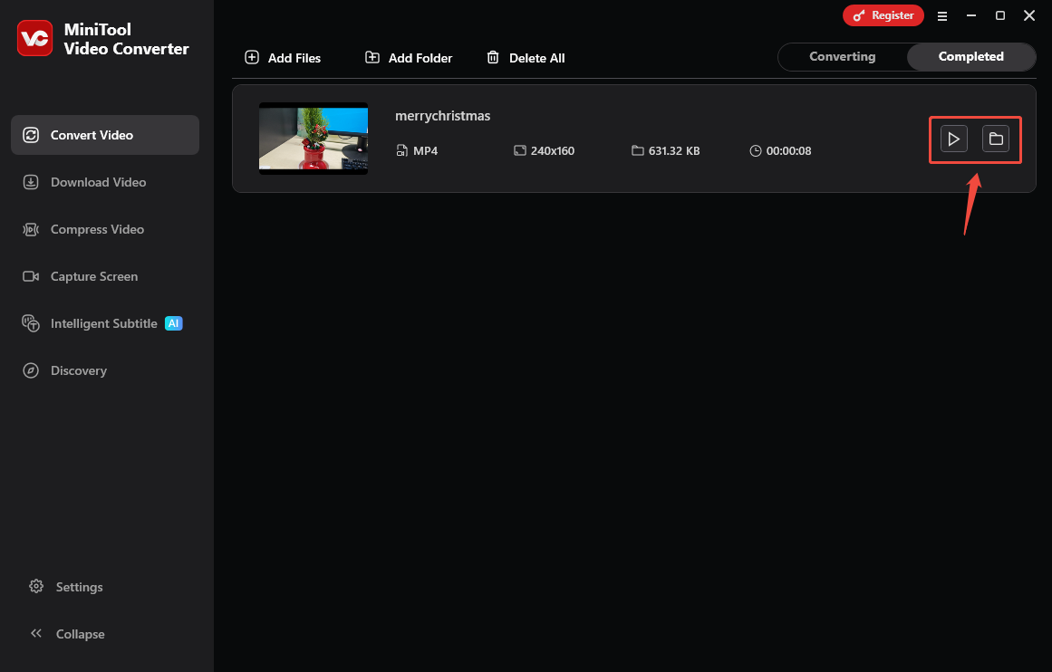 MiniTool Video Converter’s Convert Video interface with the play icon and the folder icon highlighted under the Completed tab.