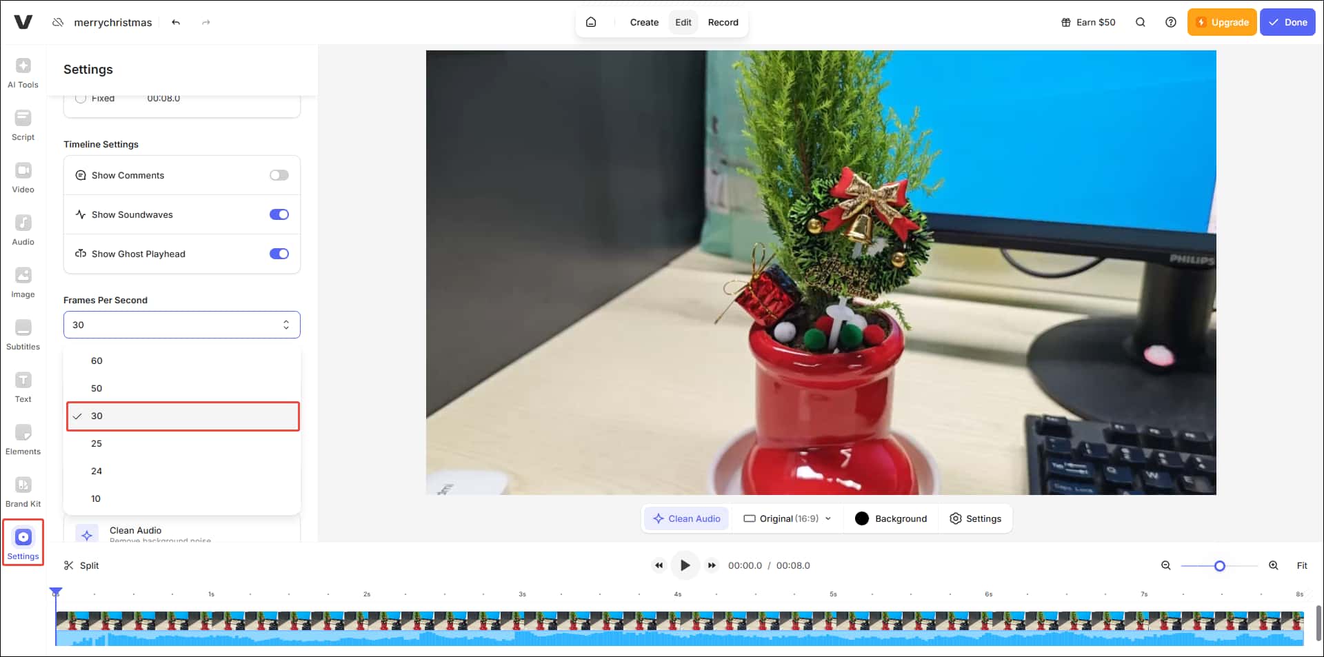 VEED video editing interface with the Settings window on the left and the Frame Per Second option expanded.