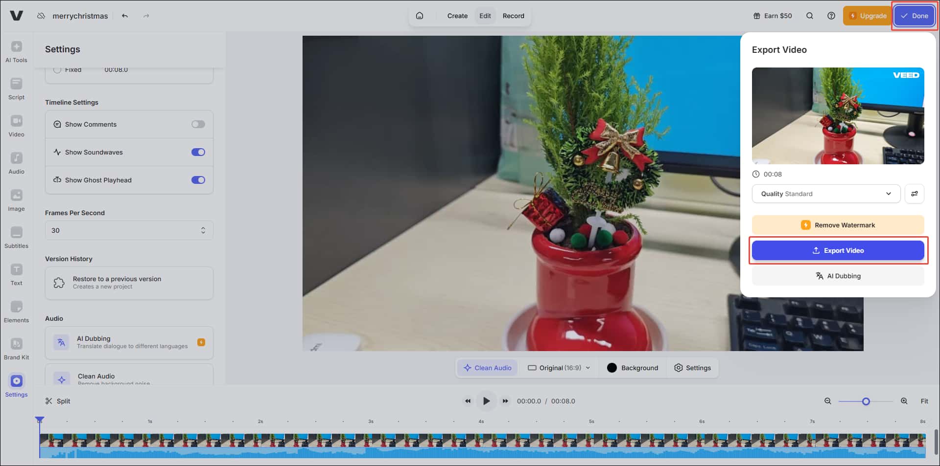 VEED video editing interface with the Done button and Export Video button highlighted.