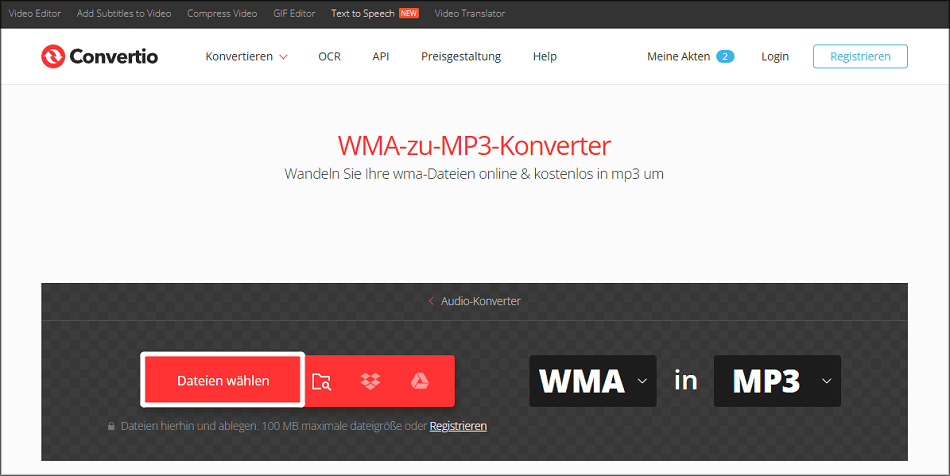 Markierung von Dateien wählen bei Convertio.