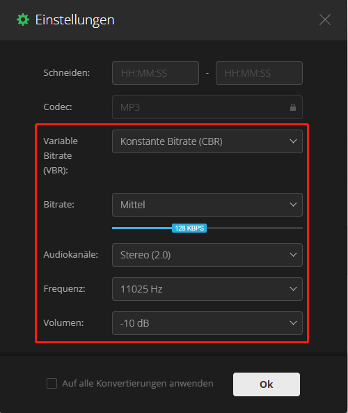 Ein Screenshot zur Anpassung der WMA-Konvertierung in Convertio.