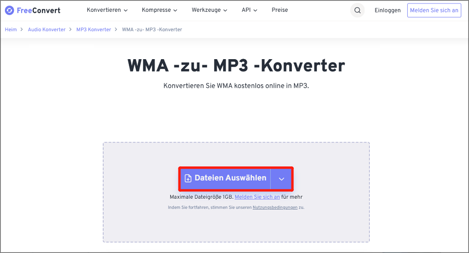 Markierung von Dateien Auswählen in FreeConvert.