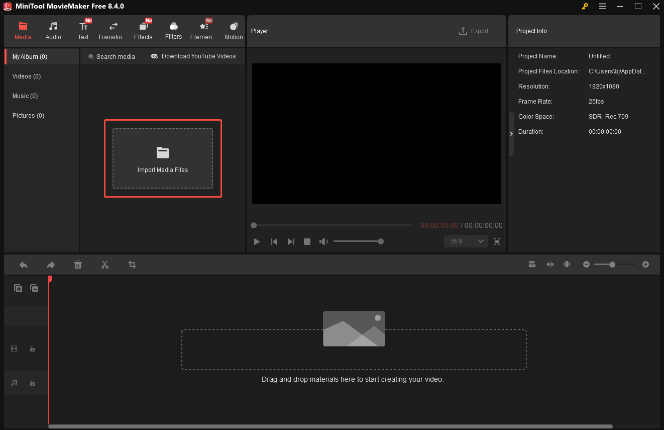 MiniTool MovieMaker interface with the Import Media Files option selected.