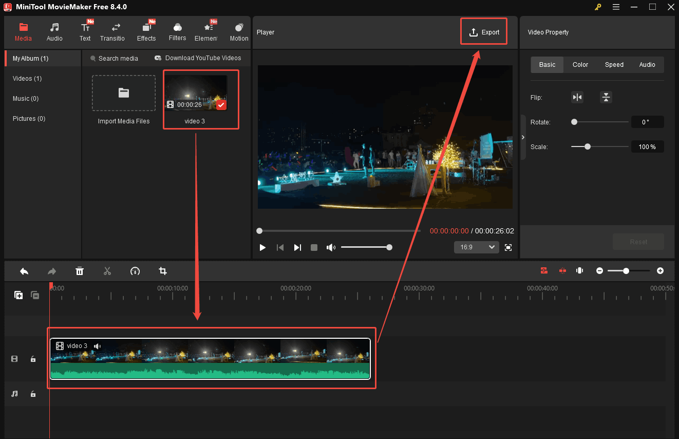 MiniTool MovieMaker interface showing how to add MKV onto the timeline and how to open the Export window.