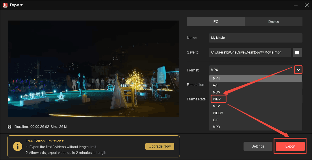 MiniTool MovieMaker interface with the Format option, the WMV option, and the Export button selected.