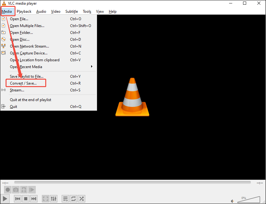 VLC Media Player interface with the Media option and the Convert/Save… option selected.