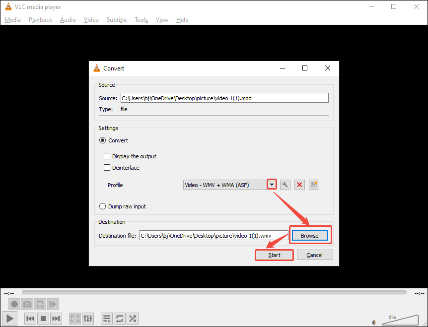 VLC Media Player Convert window with the Profile option, the Browse button, and the Start button selected.