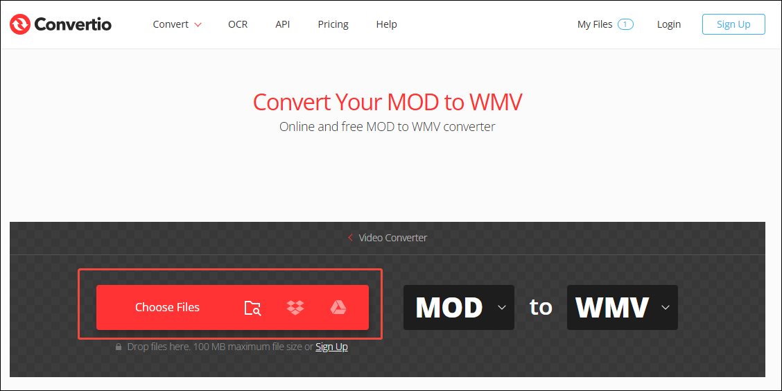 Convertio interface with the Choose Files option selected.