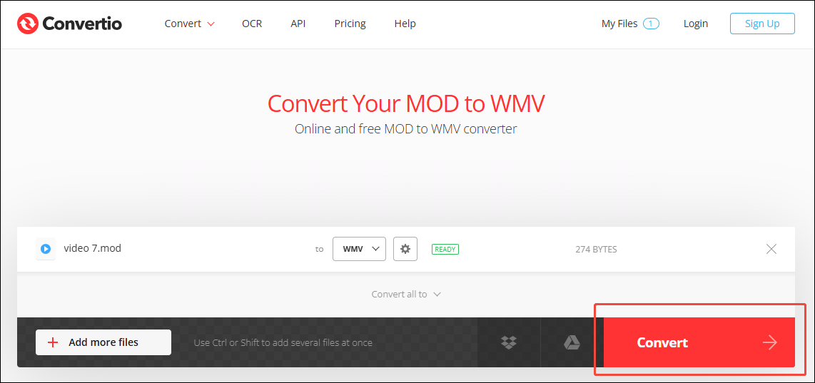 Convertio interface with the Convert button selected.