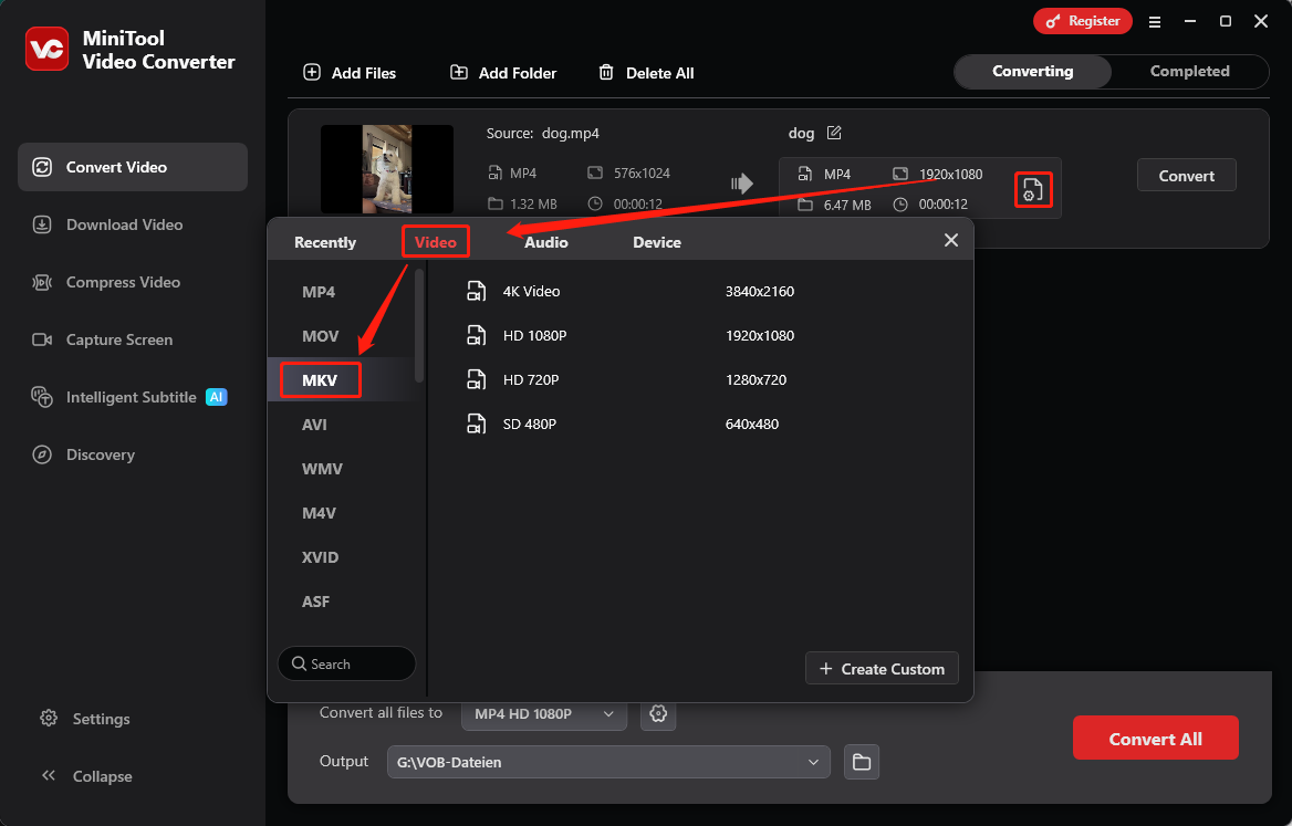 Ein Screenshot zum Öffnen des Ausgabeformatfensters und Festlegen von MKV als Ausgabeformat in MiniTool Video Converter.