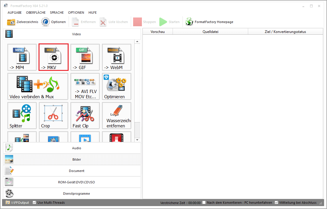 Markierung von MKV unter Video in Format Factory.