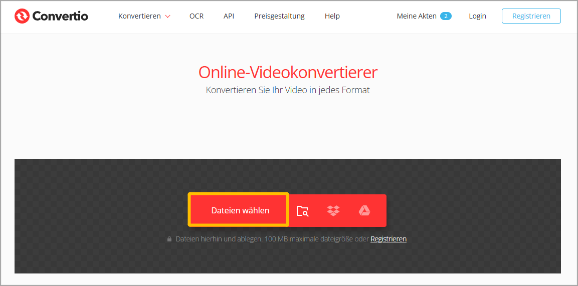 Markierung der Schaltfläche Dateien wählen bei Convertio.