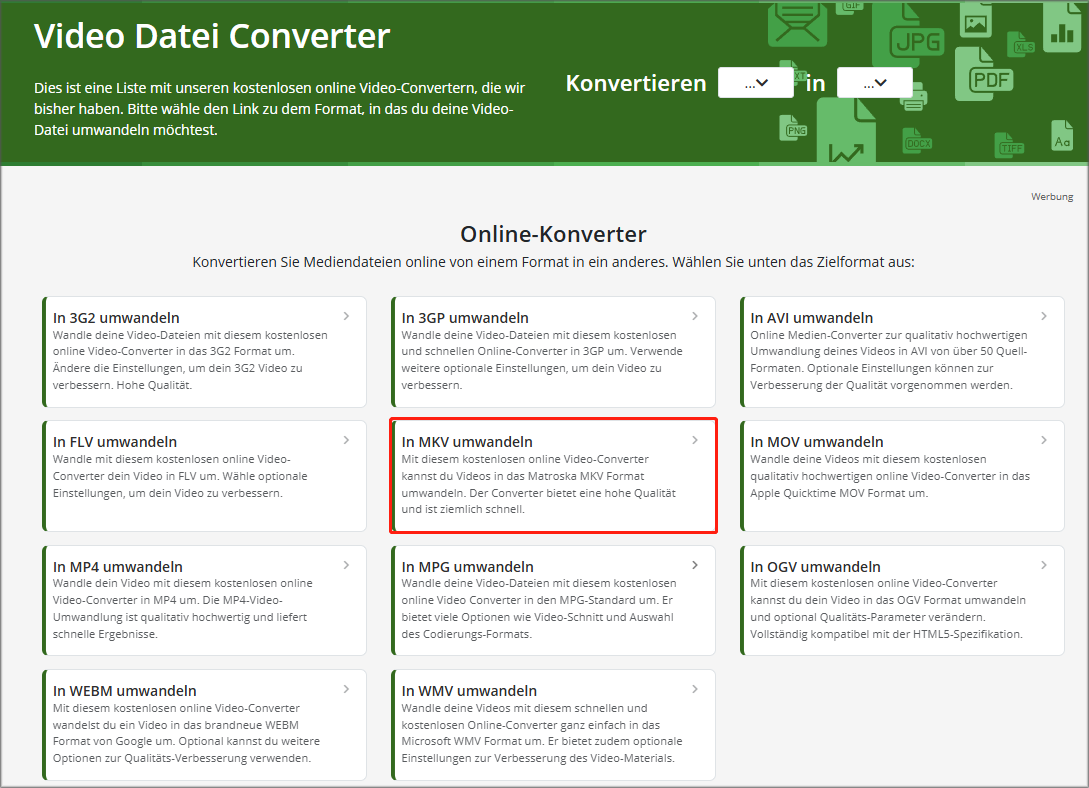 Markierung der Option In MKV umwandeln bei Online-Convert.