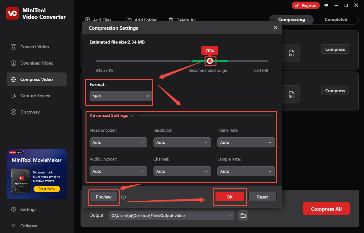 Ein Screenshot zum Festlegen der Komprimierungsstufe und des Ausgabeformats und zum Anpassen weiterer Parameter in MiniTool Video Converter.