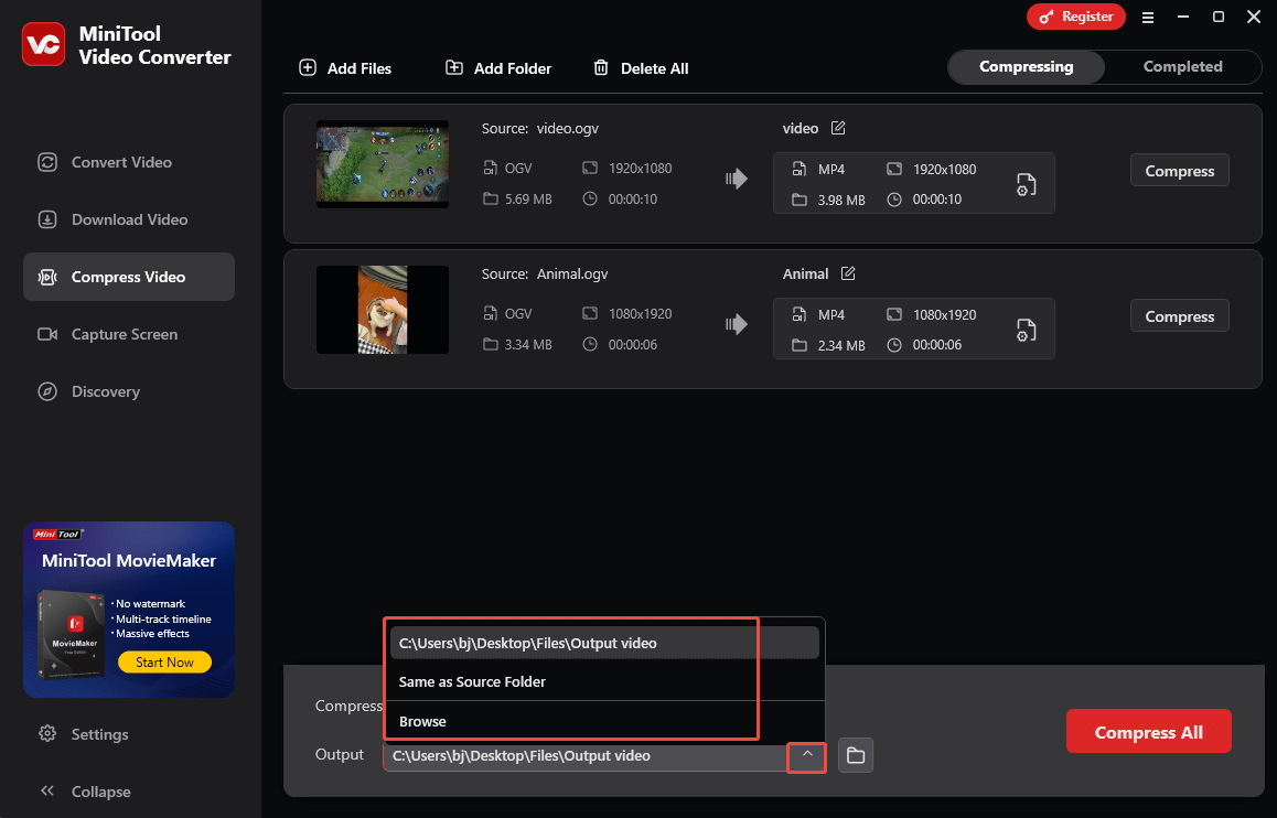 Markierung der Option Ausgabe und verfügbarer Speicherorte in MiniTool Video Converter.