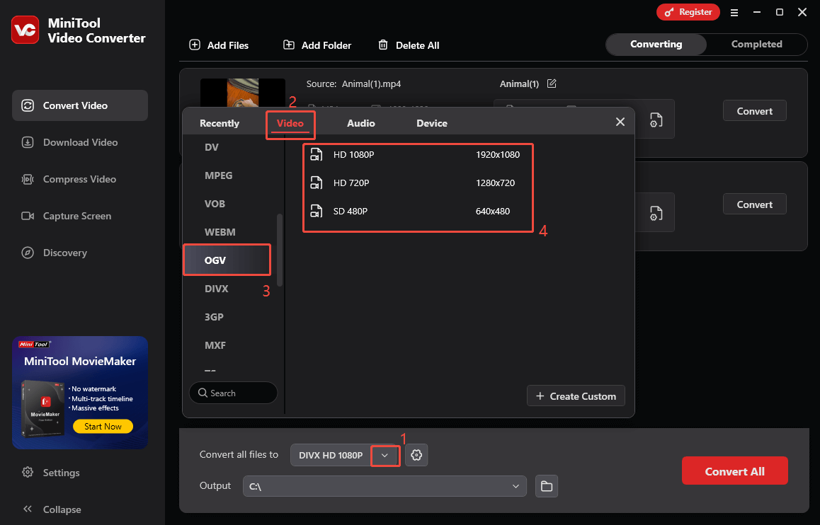 Ein Screenshot zur Auswahl von OGV als Ausgabeformat in MiniTool Video Converter.