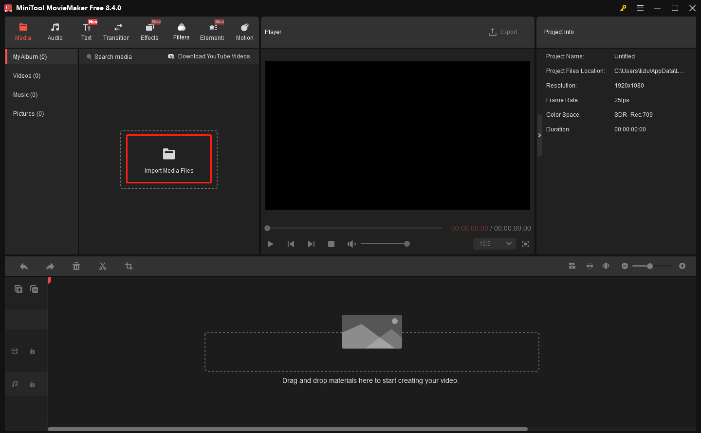 MiniTool MovieMakerで「Import Media Files」をクリックしている様子