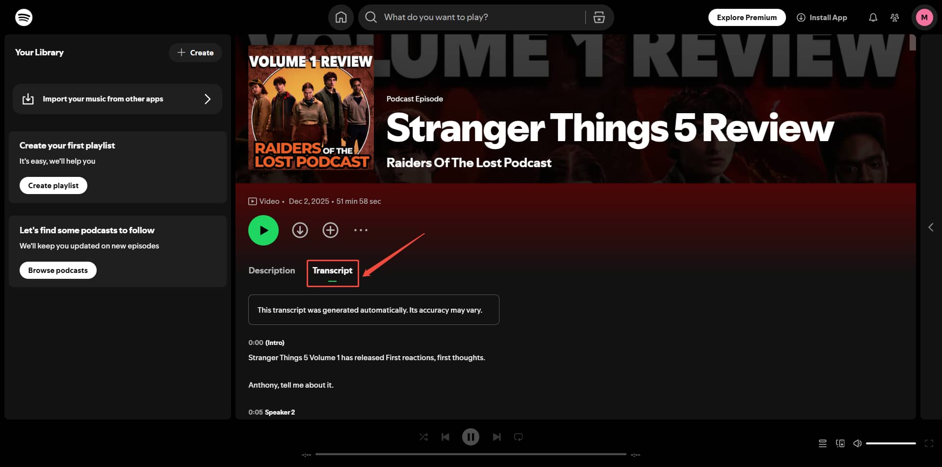 Spotify podcast interface with the Transcript tab selected.
