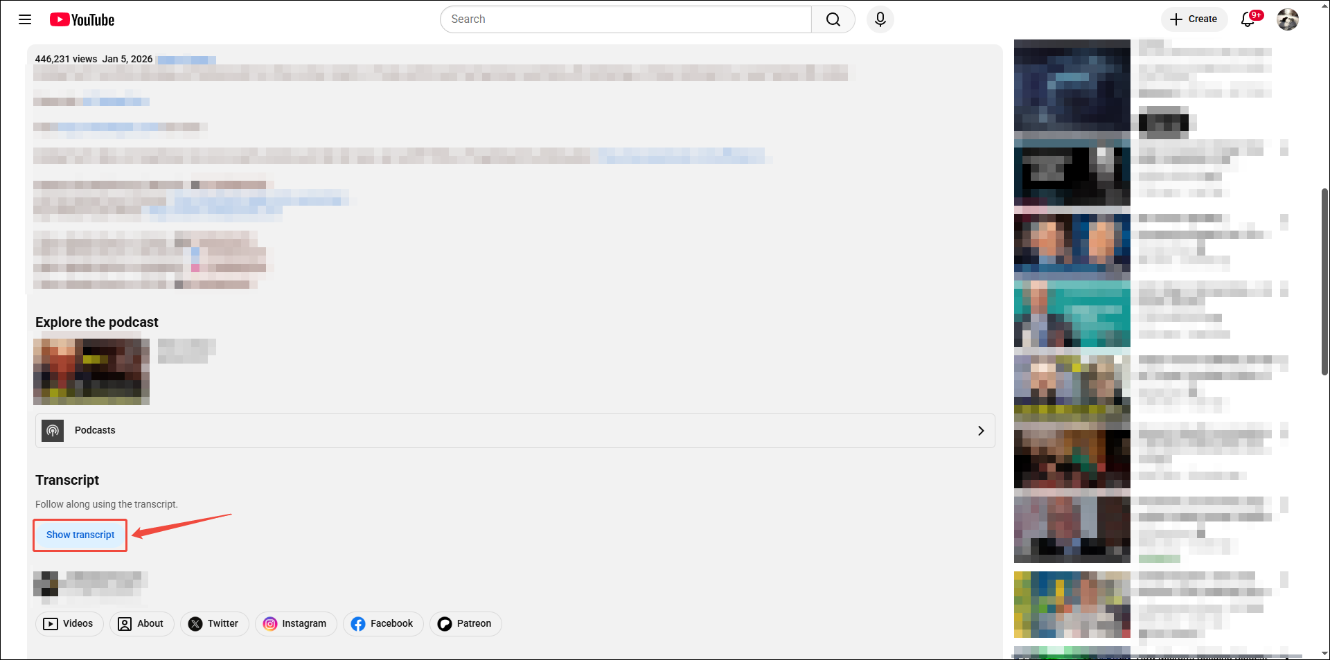 YouTube podcast video page with the Show transcript button selected.