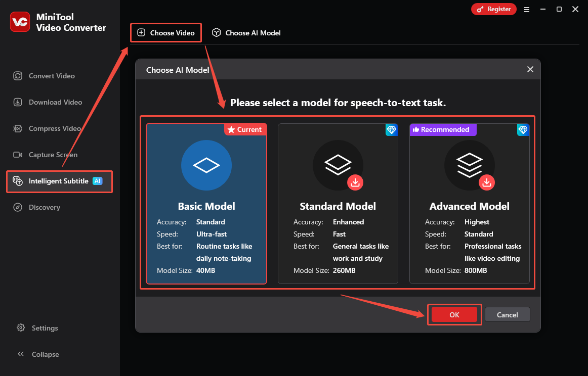 MiniTool Video Converter interface showing how to choose the AI model for transcription.