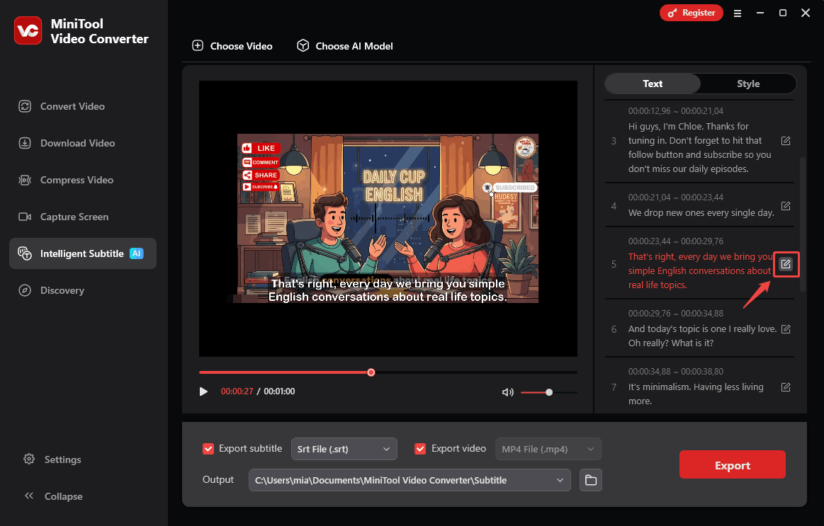 MiniTool Video Converter Intelligent Subtitle interface with the edit icon selected.