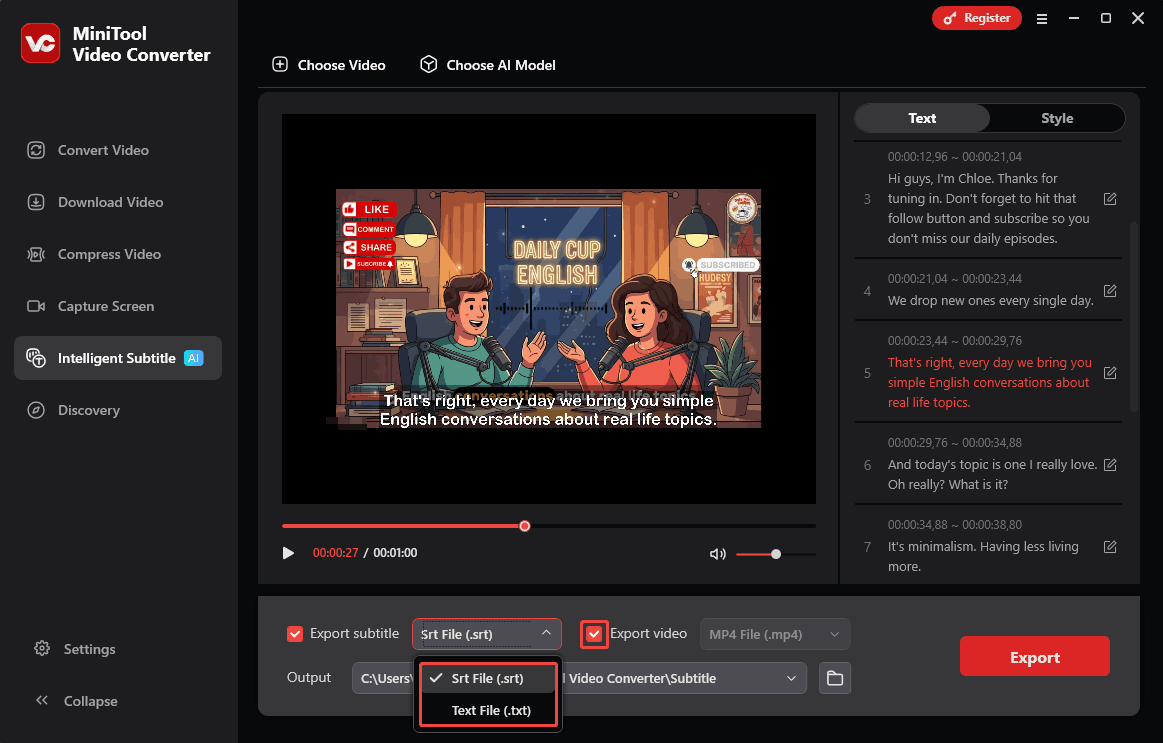 MiniTool Video Converter interface with the Export subtitle option expanded and the checkbox of the Export video selected.