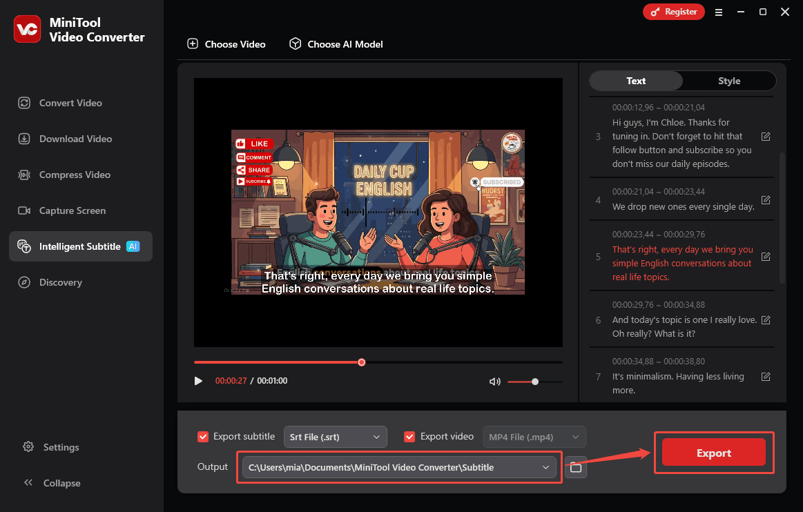 MiniTool Video Converter Intelligent Subtitle interface with the Output option and the Export button highlighted.