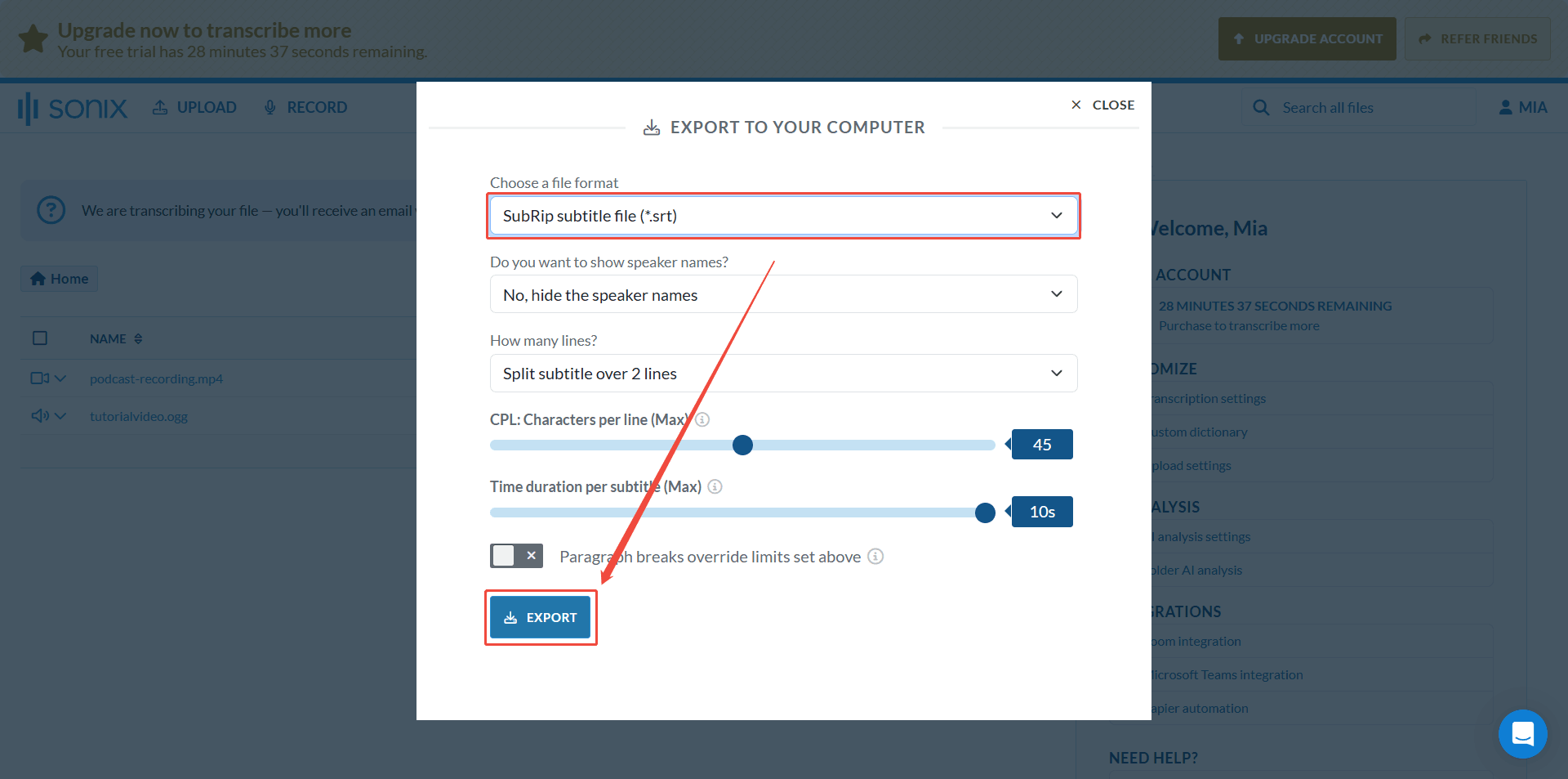 Sonix interface with the Choose a file format option and the EXPORT button selected.