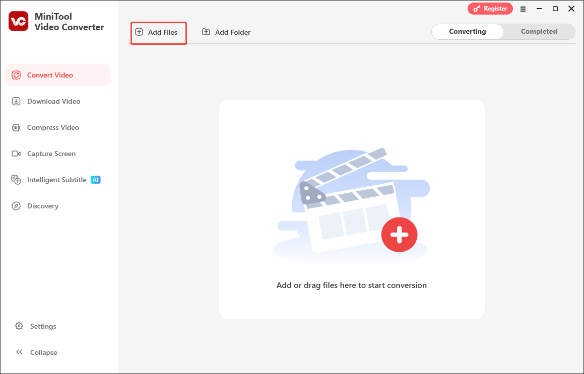 Markierung der Option Dateien hinzufügen in MiniTool Video Converter.