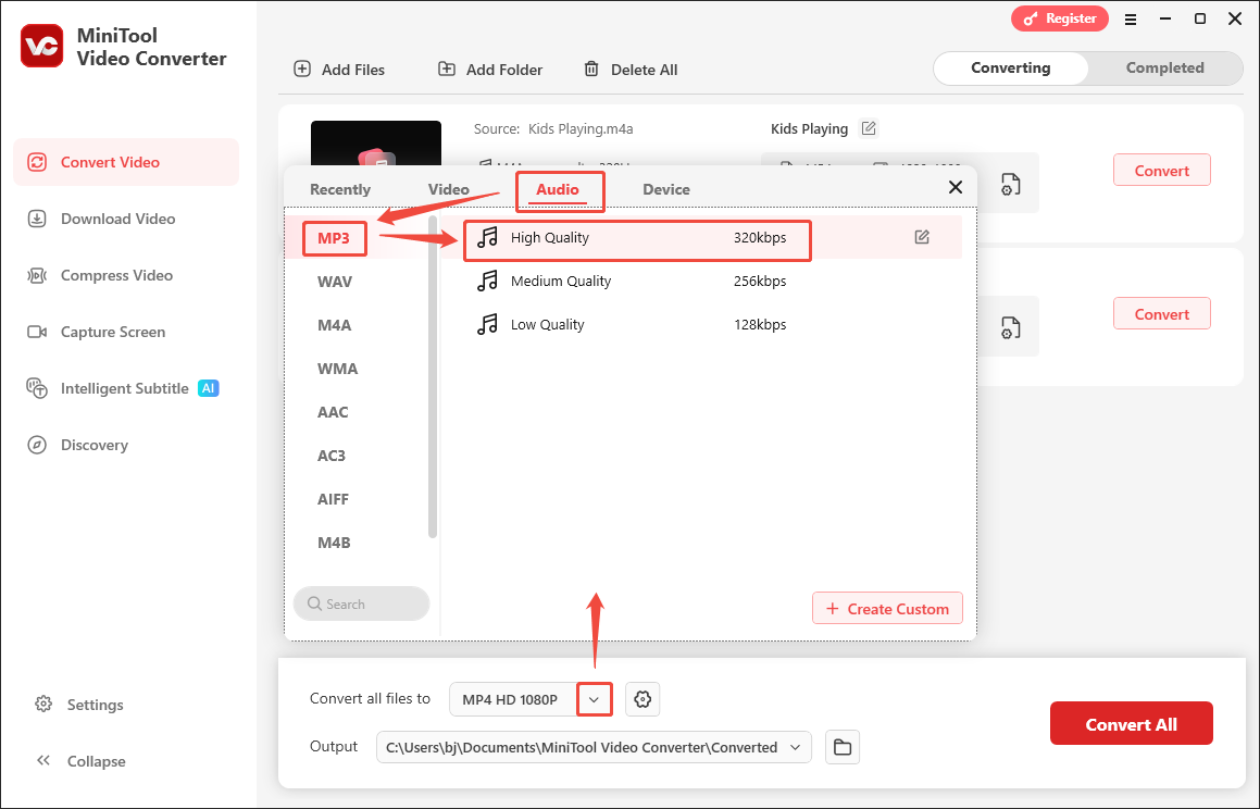 Ein Screenshot zum Auswahlen von MP3 als Ausgabeformat und der gewünschten Qualität.