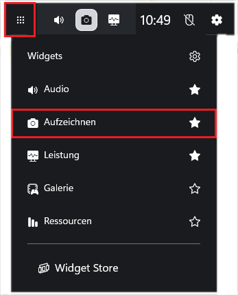 Markierung von Aufzeichnen im Widget-Menü in der Xbox Game Bar.