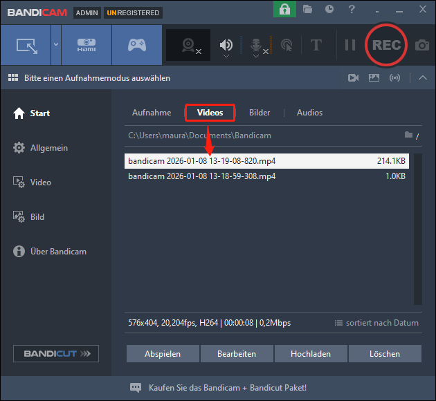Ein Screenshot zum Abspielen der Aufnahme in Bandicam.