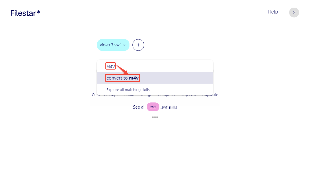 Filestar interface with M4V input in the search bar and the convert to m4v option selected.