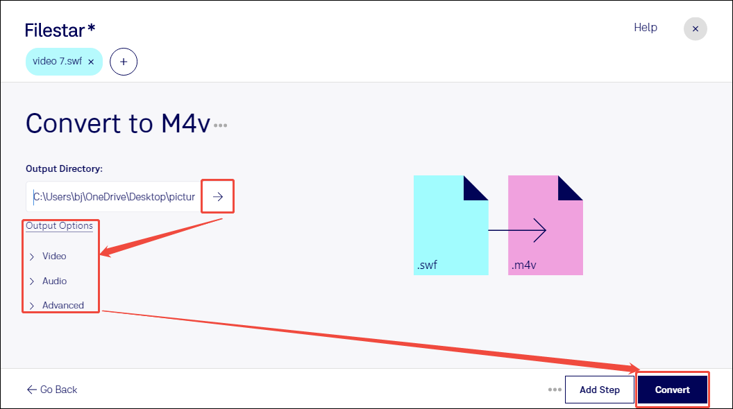 Filestar conversion interface with the Output Directory option, Output Options option, and the Convert button selected.