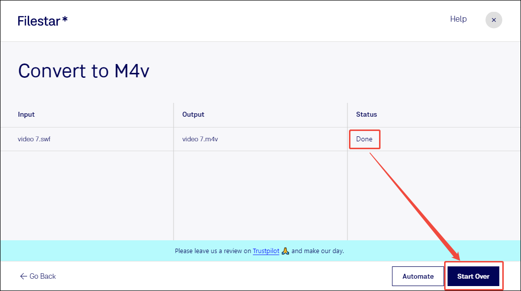 Filestar conversion interface with the Done status under the Status bar and the Start Over button selected.