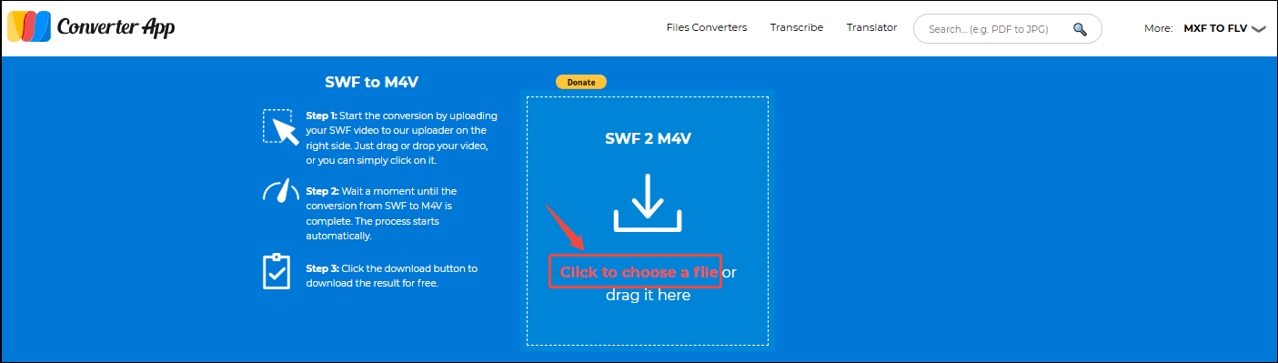 Converter App interface with the Click to choose a file option selected.
