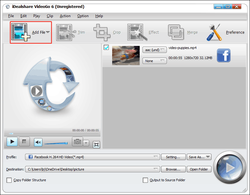 iDealshare VideoGo interface with the Add File option selected.