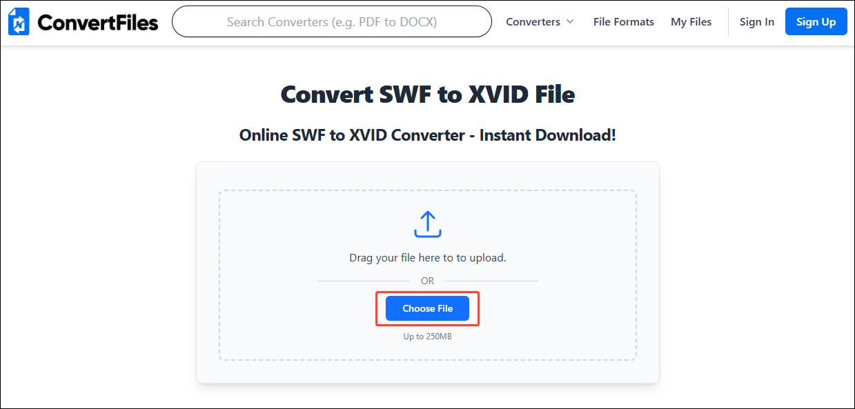 ConvertFiles interface with the Choose File option selected.