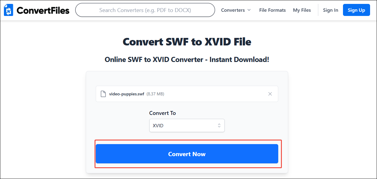 ConvertFiles interface with the Convert Now button selected.