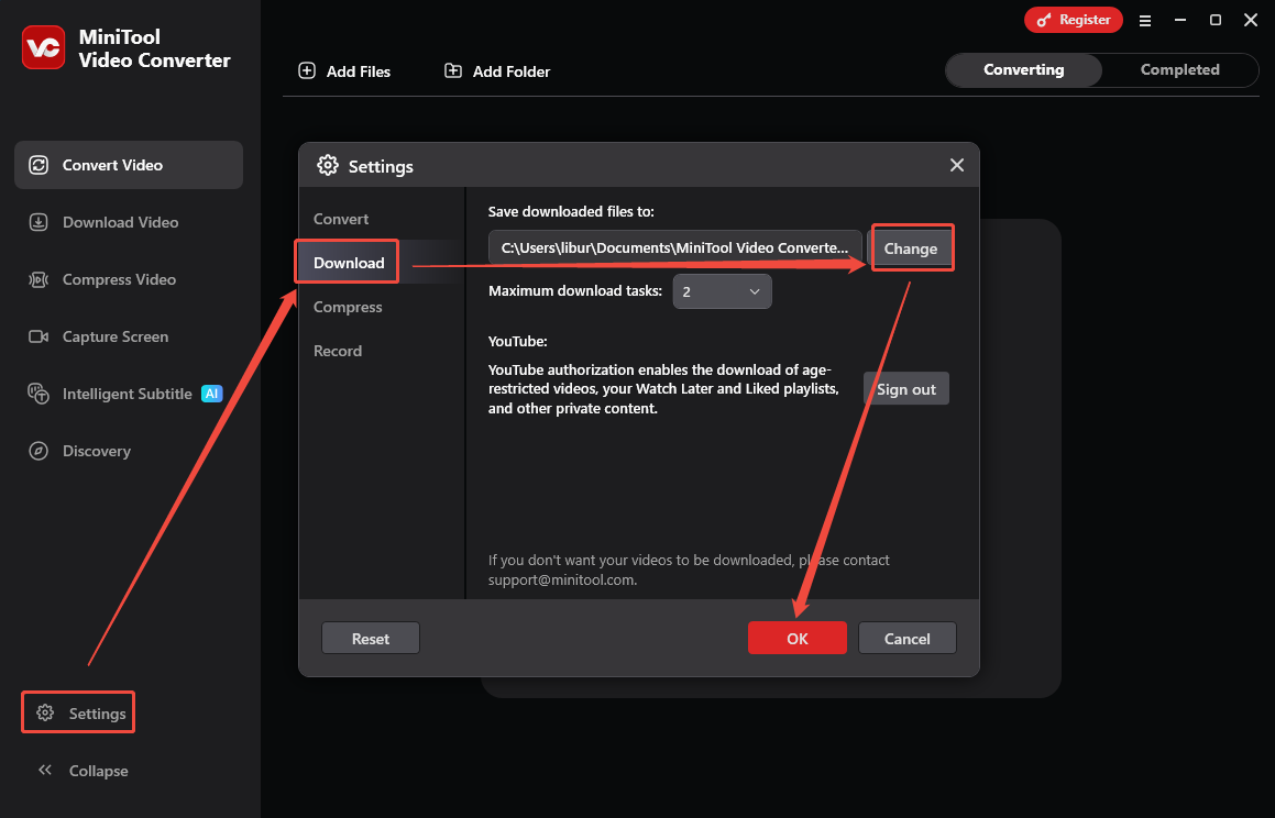 MiniTool Video Converter interface showing how to change the video save path.