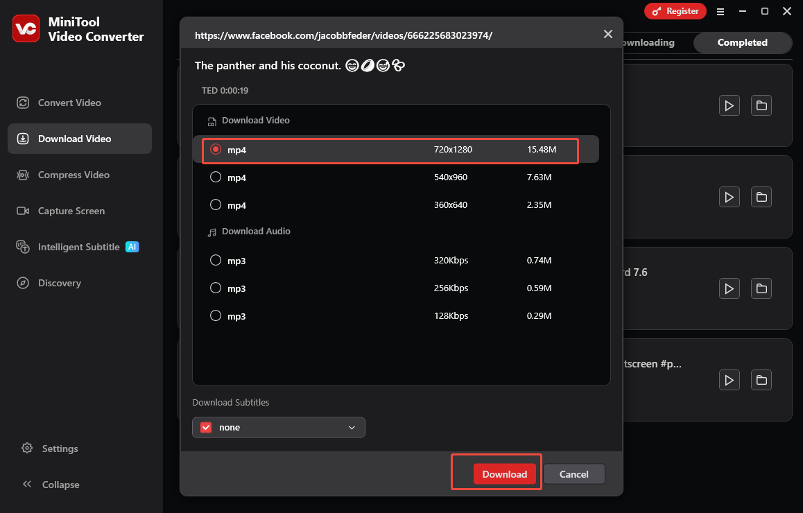 MiniTool Video Converter interface with a Facebook video format and Download option selected.