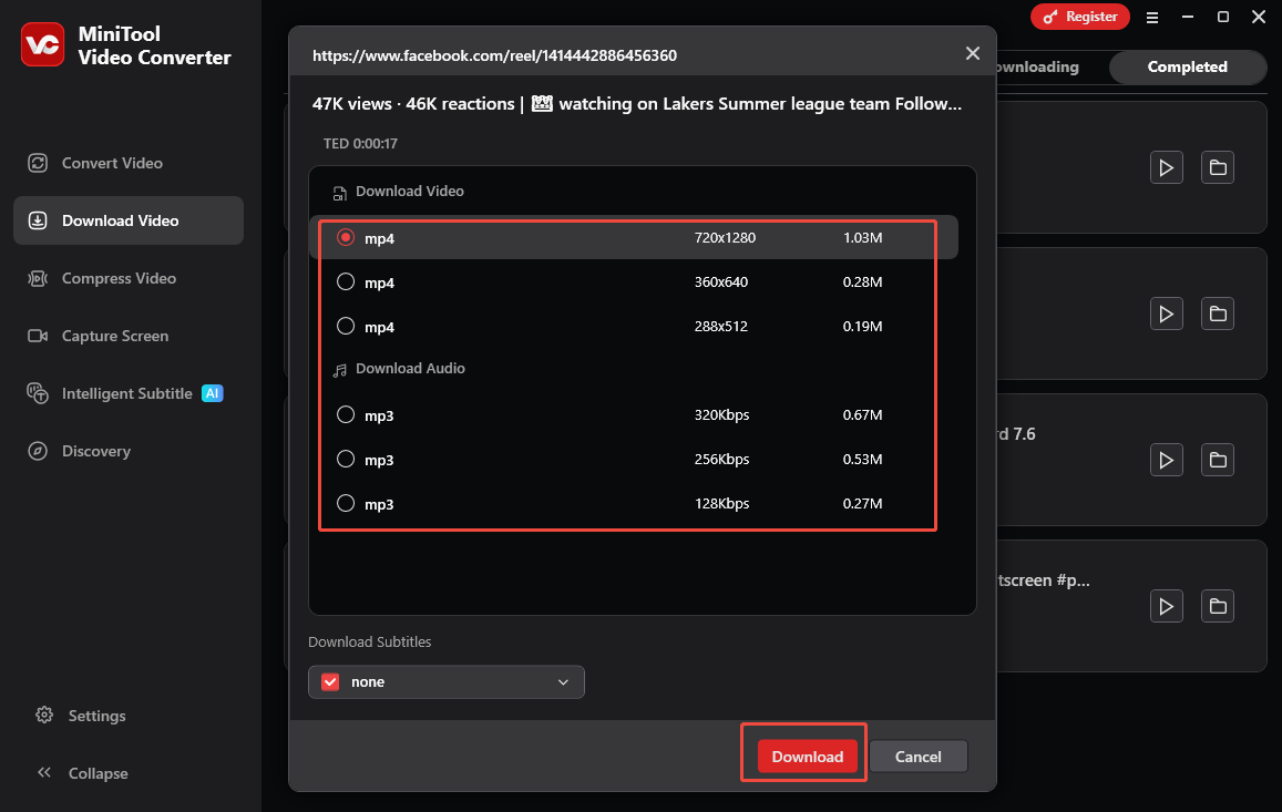 MiniTool Video Converter interface showing how to download Facebook Reels.