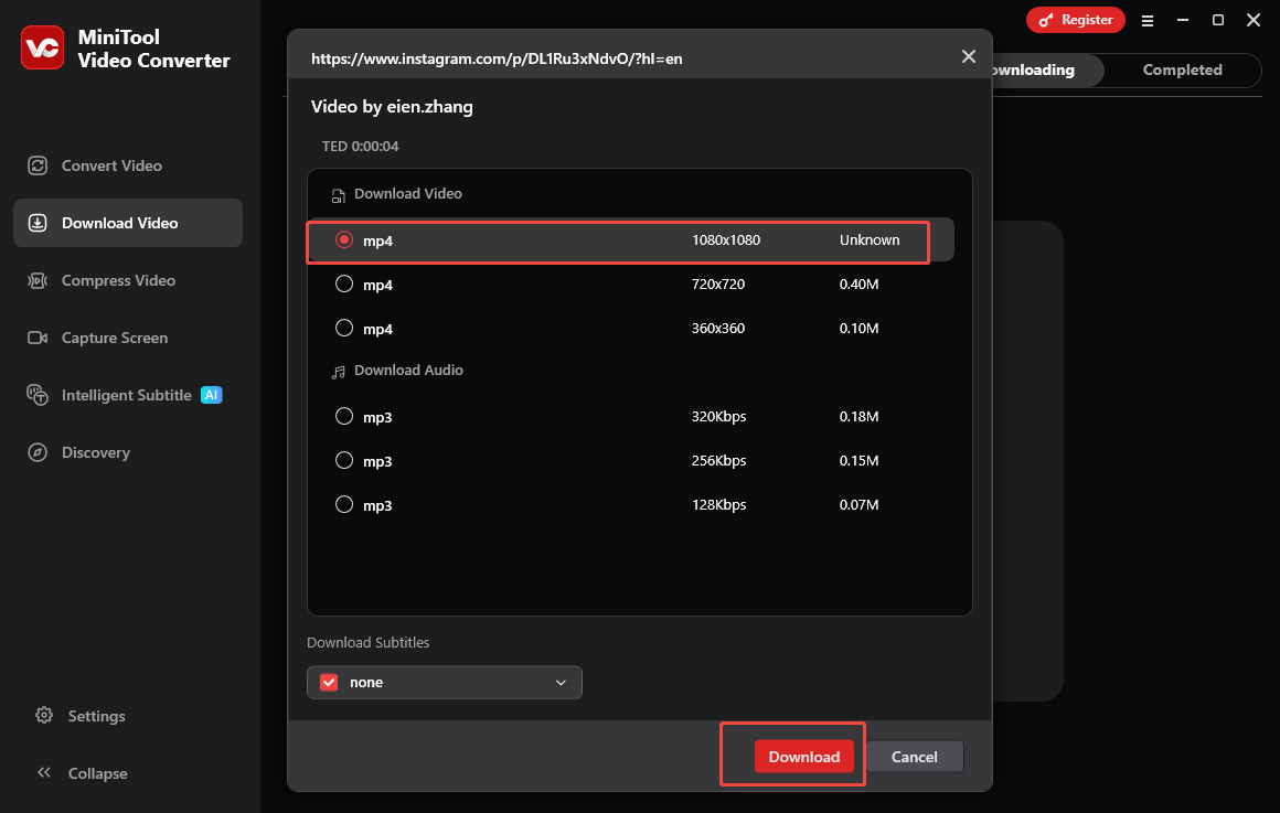 MiniTool Video Converter interface with an Instagram video format and Download option selected.