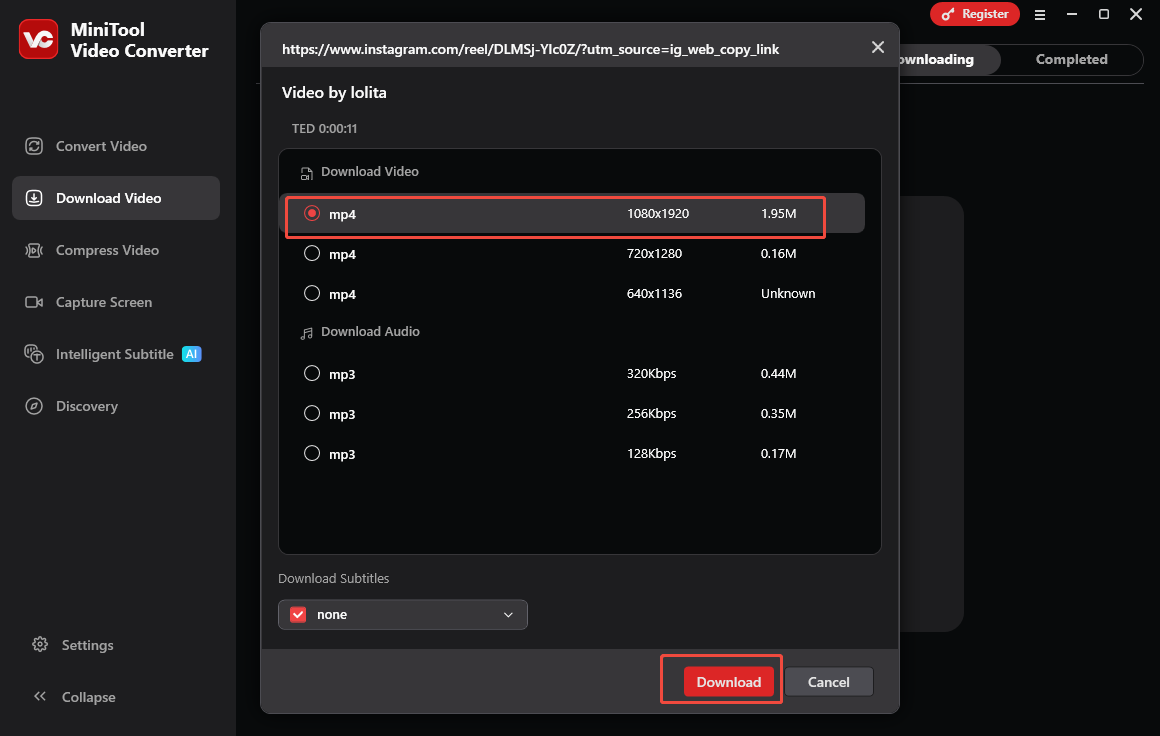 MiniTool Video Converter interface with an Instagram video format and Download option selected.